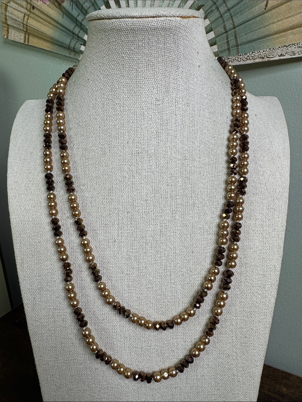 Vintage Gold and Brown Beaded Long Flapper Necklace 50”